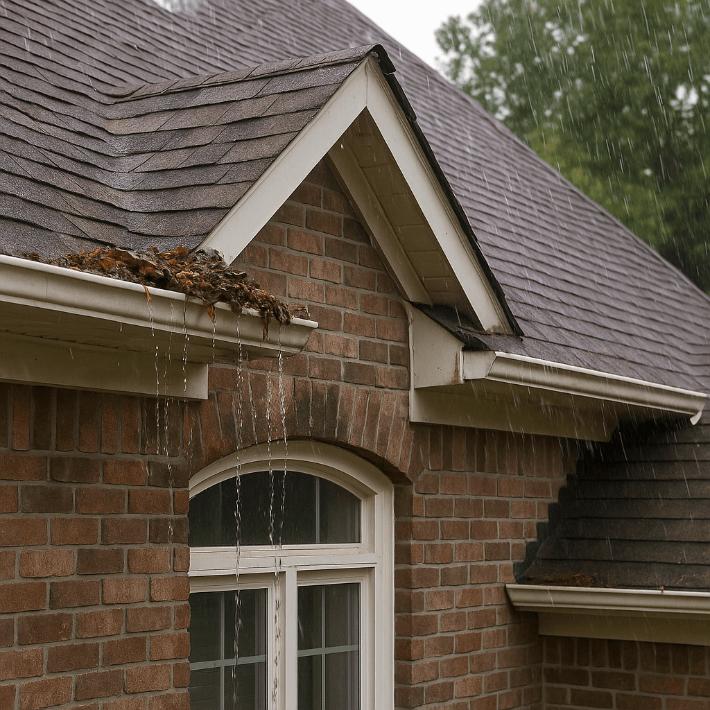 Rain overflowing a clogged gutter and streaming down a brick home's roofline
